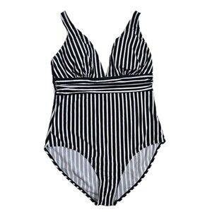 Eomenie Black White Striped One Piece Swimsuit XL Adjustable Straps NWT